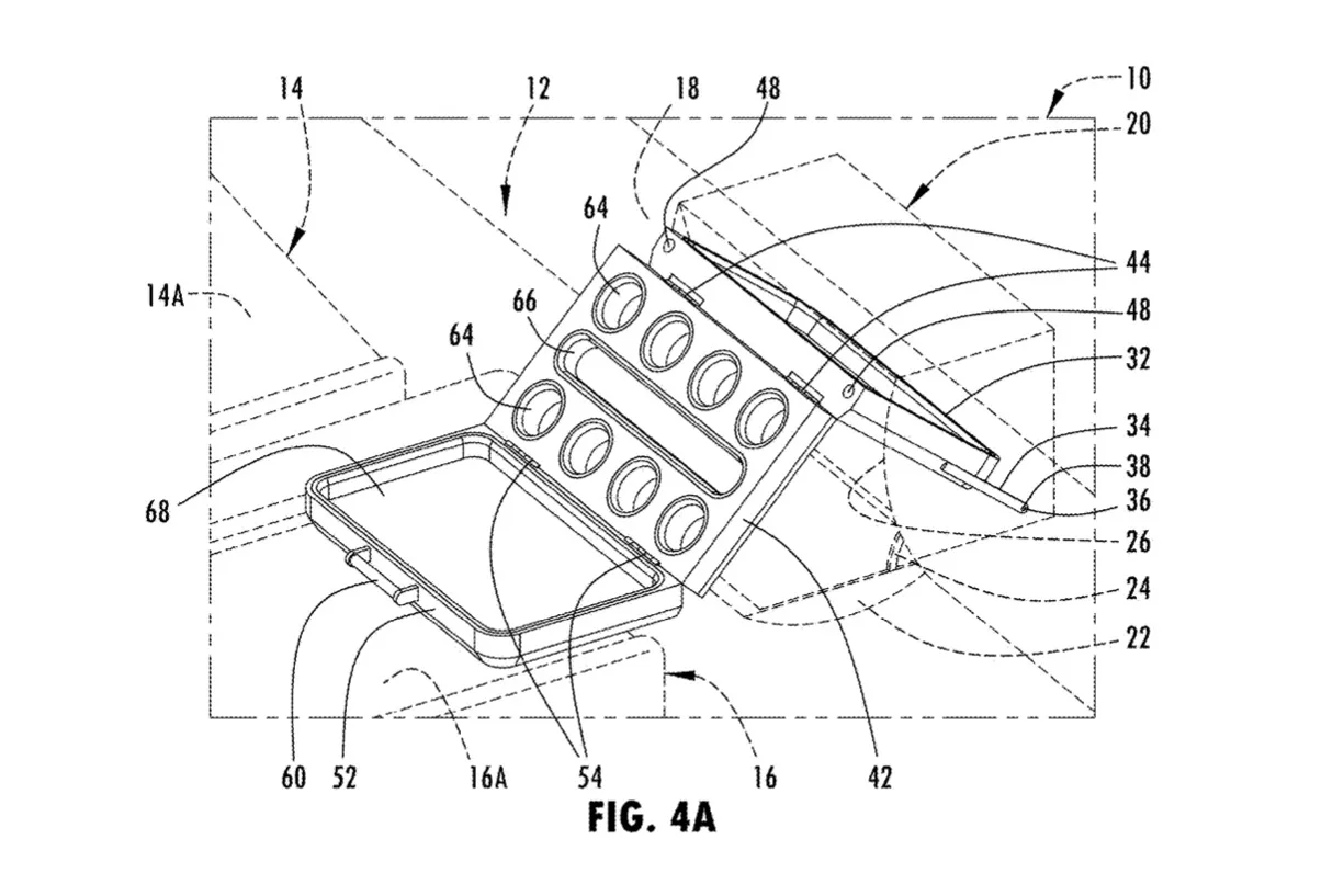 Ford designs passenger-mounted folding tray storage system